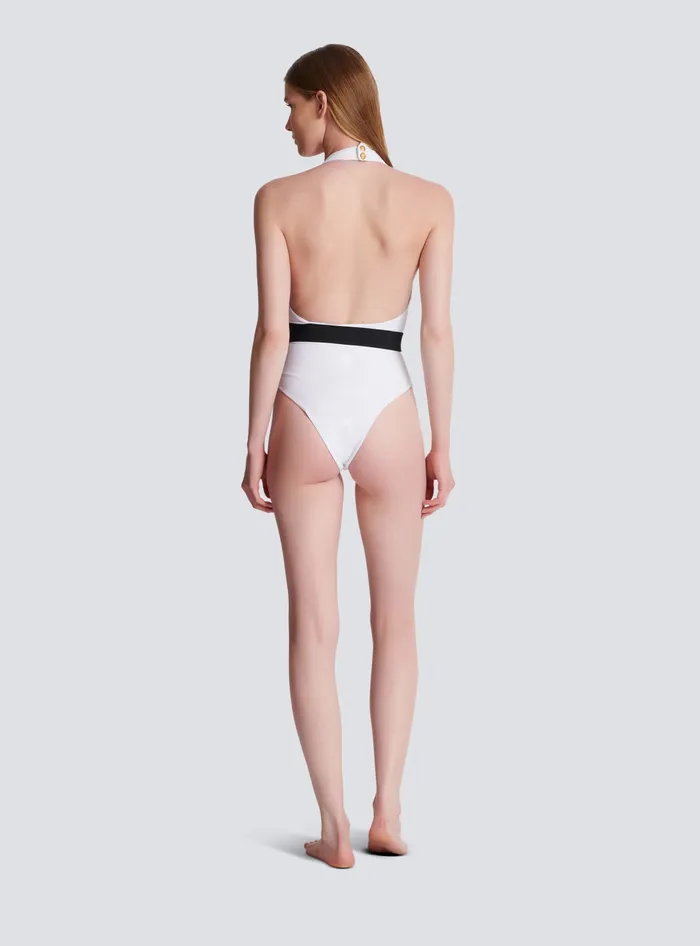 Balmain Onepiece Swimsuit With PB Belt White Women Swimwear