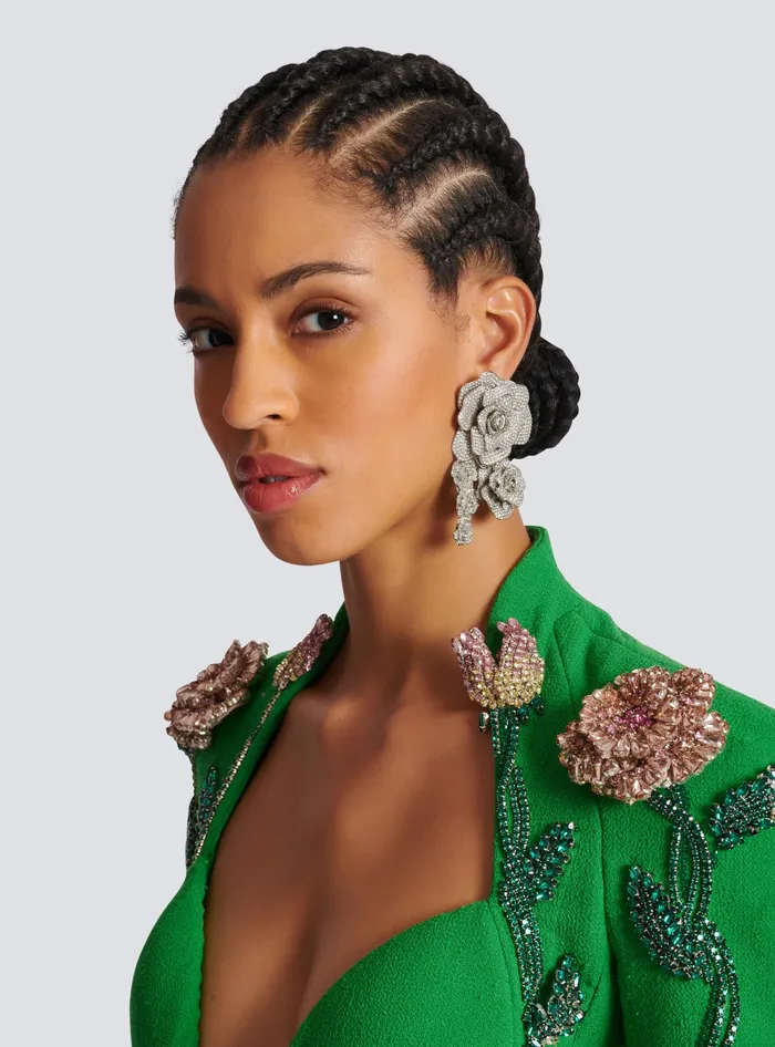 Balmain Palladium Rose Earrings Set With Crystals Silver Women Fashion Jewelry
