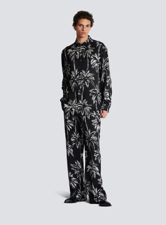 Balmain Palm Print Satin Pyjama Trousers Black Men Trousers And Shorts