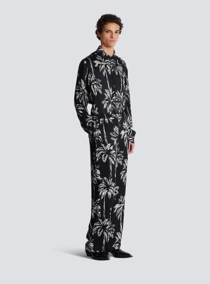 Balmain Palm Print Satin Pyjama Trousers Black Men Trousers And Shorts