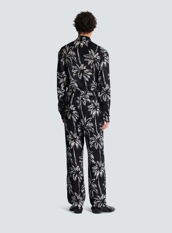 Balmain Palm Print Satin Pyjama Trousers Black Men Trousers And Shorts