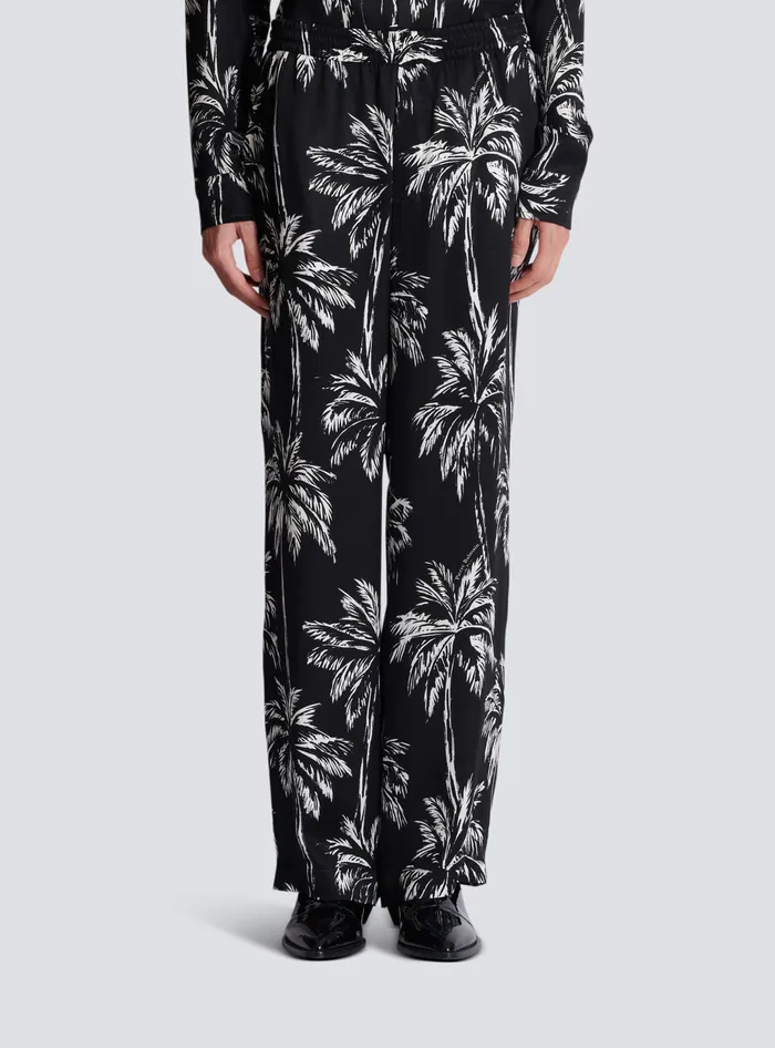 Balmain Palm Print Satin Pyjama Trousers Black Men Trousers And Shorts