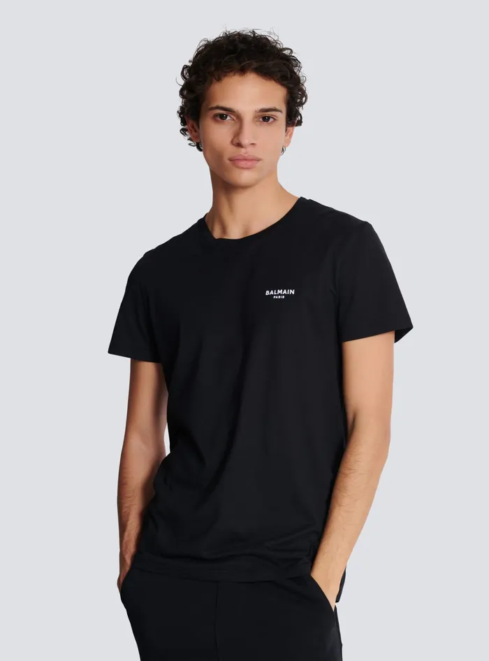 Balmain Paris Flocked Shortsleeved Tshirt Black Men TShirts
