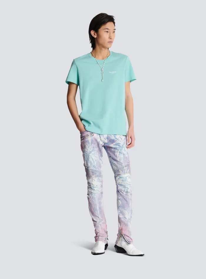 Balmain Paris Flocked Shortsleeved Tshirt Blue Men TShirts