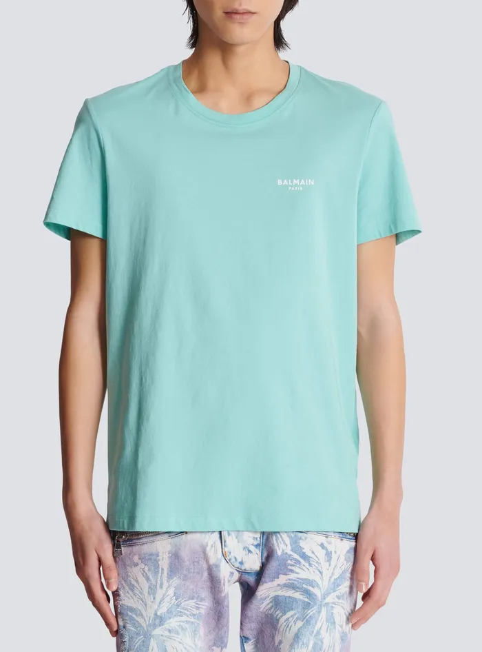 Balmain Paris Flocked Shortsleeved Tshirt Blue Men TShirts
