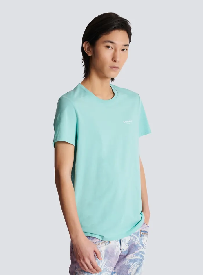 Balmain Paris Flocked Shortsleeved Tshirt Blue Men TShirts