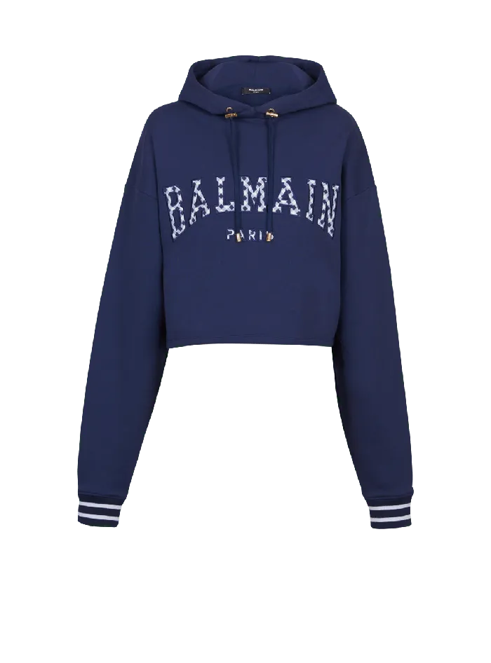 Balmain Paris Gingham Hoodie Navy Women Sweatshirts