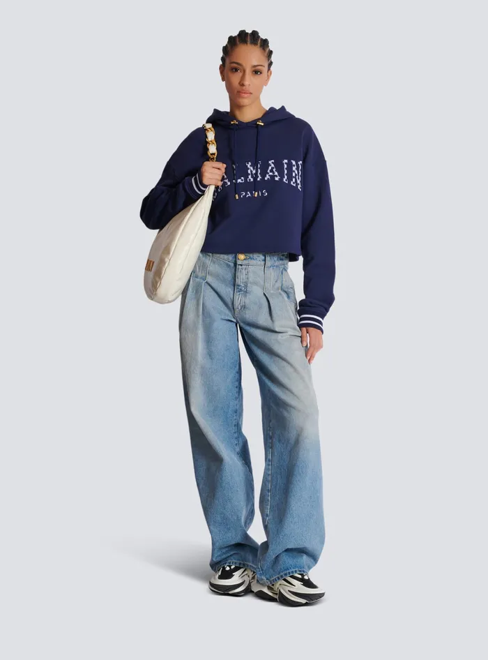 Balmain Paris Gingham Hoodie Navy Women Sweatshirts