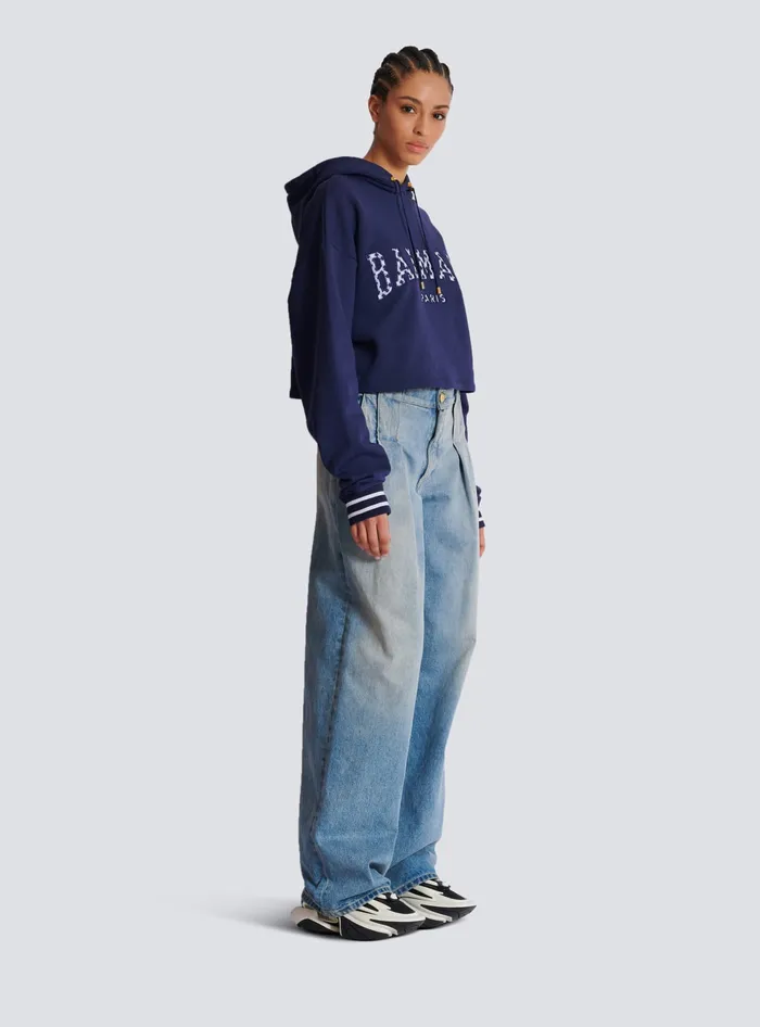 Balmain Paris Gingham Hoodie Navy Women Sweatshirts