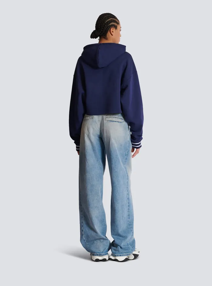Balmain Paris Gingham Hoodie Navy Women Sweatshirts