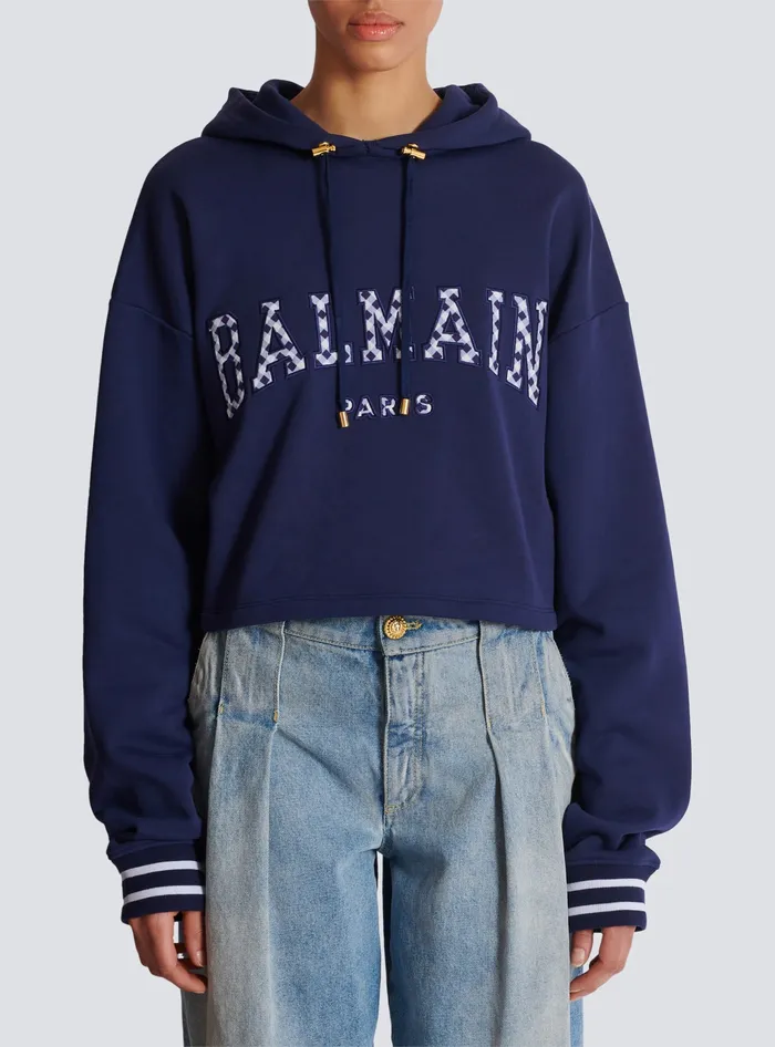 Balmain Paris Gingham Hoodie Navy Women Sweatshirts