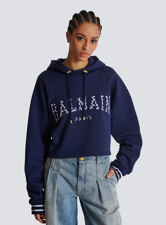 Balmain Paris Gingham Hoodie Navy Women Sweatshirts