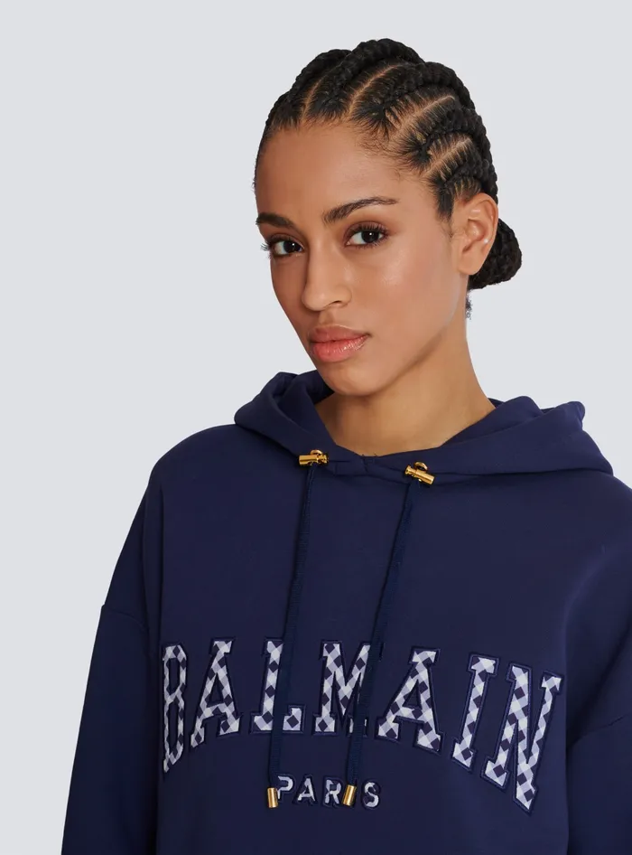 Balmain Paris Gingham Hoodie Navy Women Sweatshirts