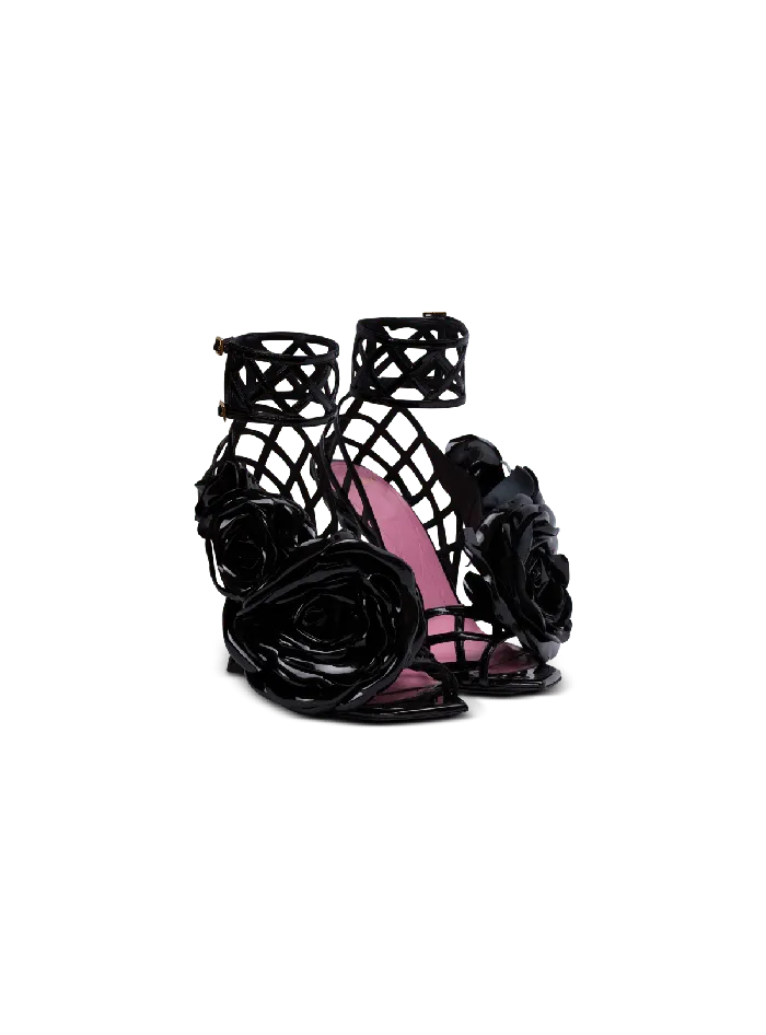 Balmain Patent Leather Eden Sandals With Flowers Black Women High Heels and Pumps