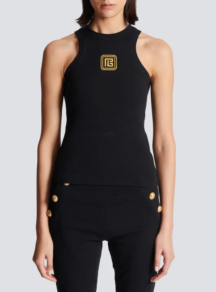 Balmain PB Embroidered Tank Top Black Women TShirts