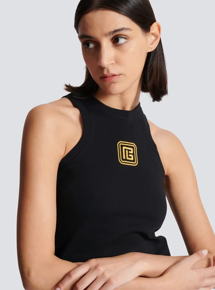 Balmain PB Embroidered Tank Top Black Women TShirts