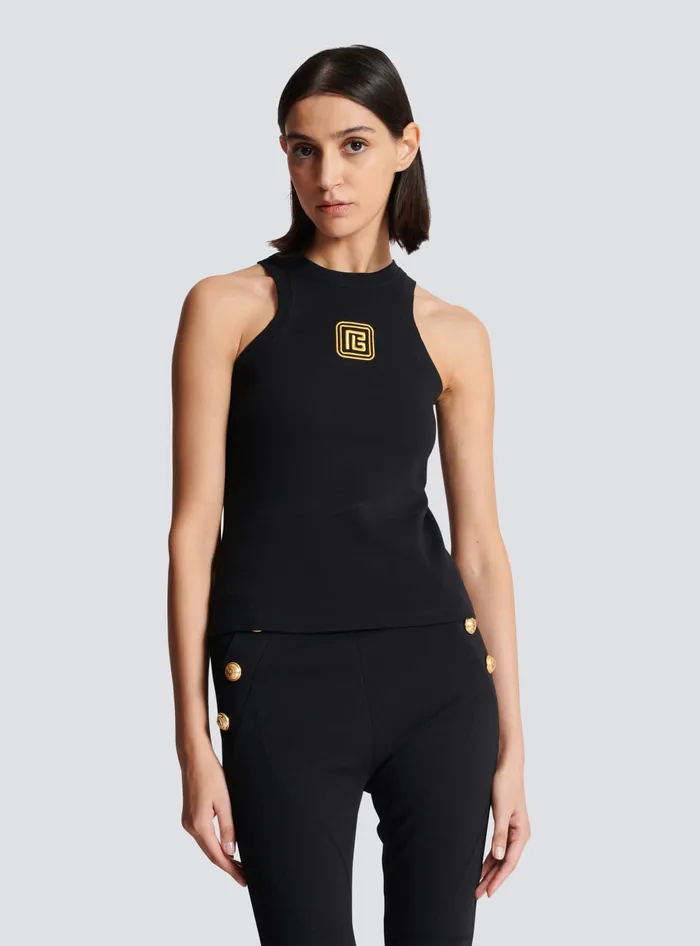 Balmain PB Embroidered Tank Top Black Women TShirts
