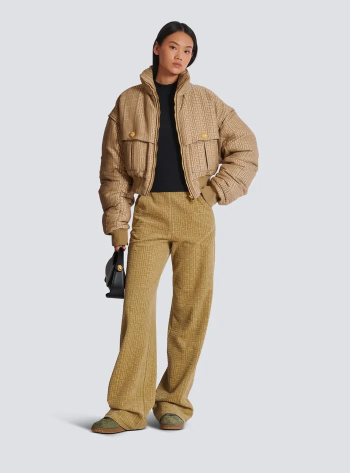 Balmain PB Labyrinth Cropped Jacquard Bomber Beige Women Outerwear