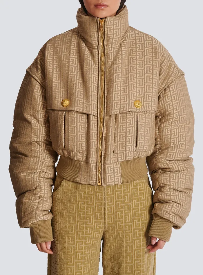 Balmain PB Labyrinth Cropped Jacquard Bomber Beige Women Outerwear