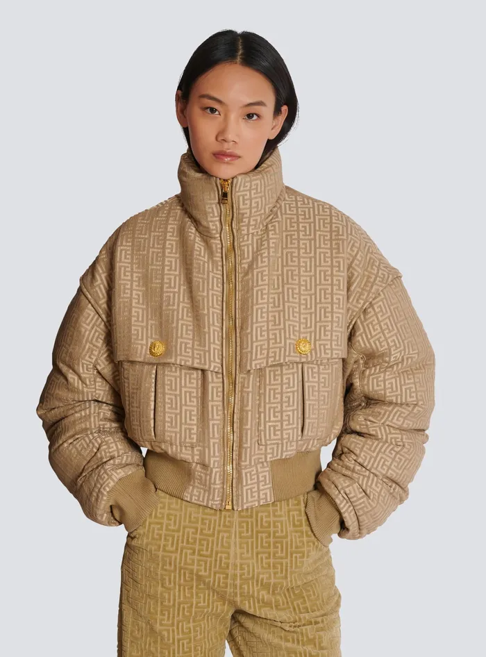 Balmain PB Labyrinth Cropped Jacquard Bomber Beige Women Outerwear