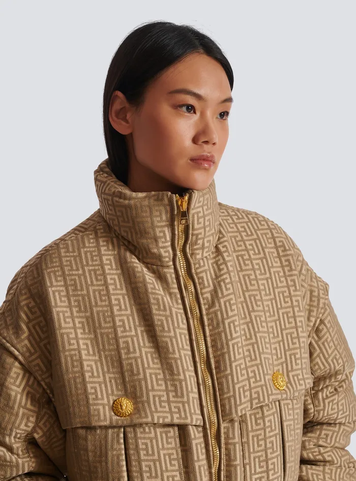 Balmain PB Labyrinth Cropped Jacquard Bomber Beige Women Outerwear