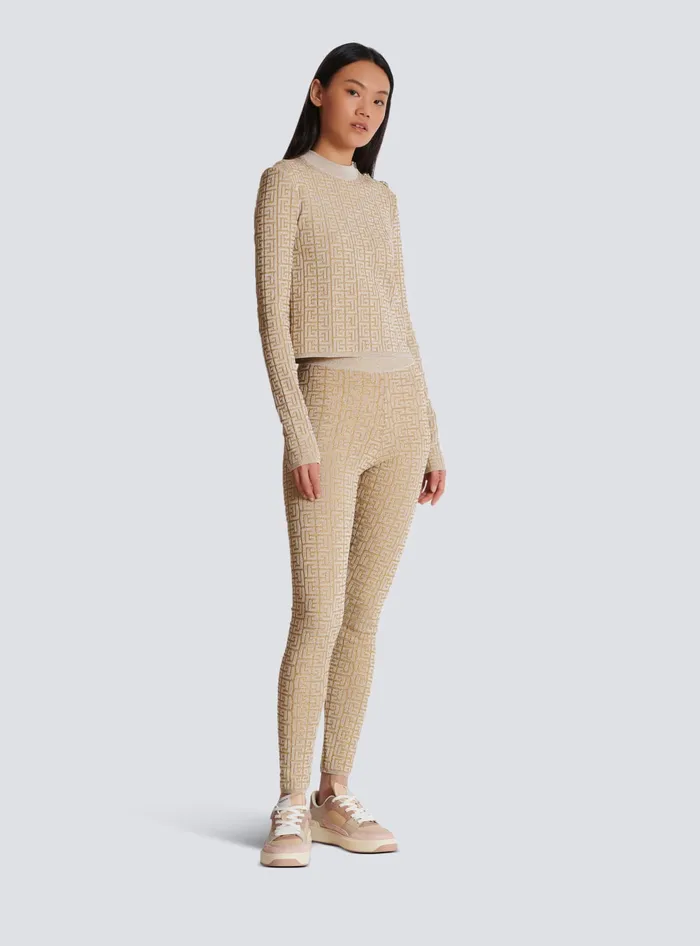 Balmain PB Labyrinth Knit Leggings Beige Women Knitwear