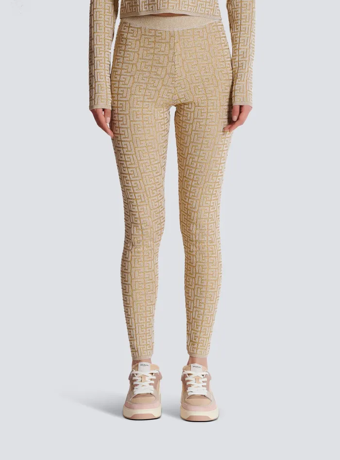 Balmain PB Labyrinth Knit Leggings Beige Women Knitwear