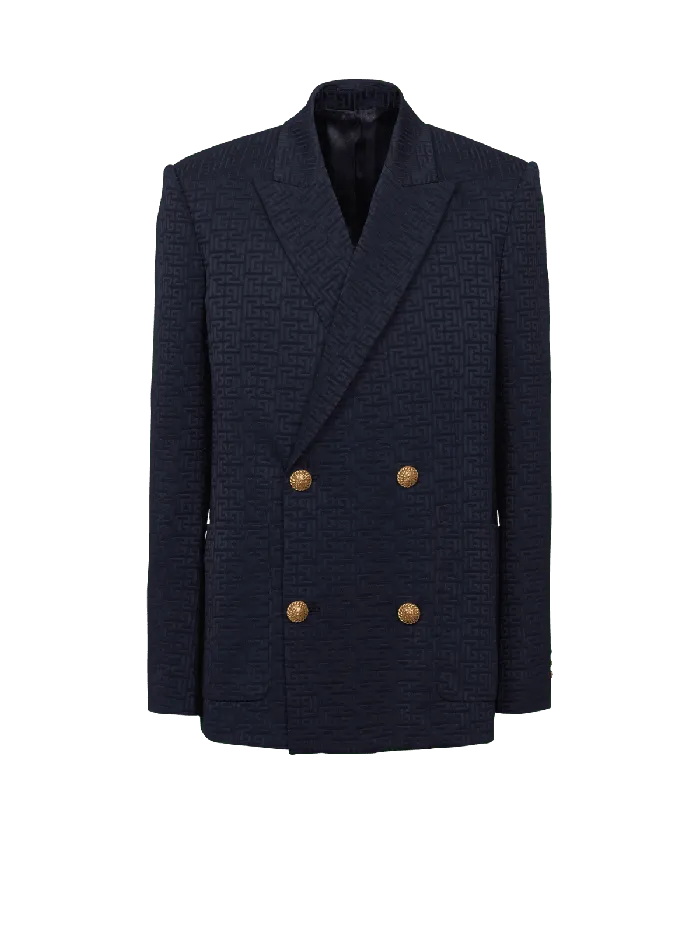 Balmain PB Labyrinth Satin Jacquard Blazer Navy Men Jackets And Blazers
