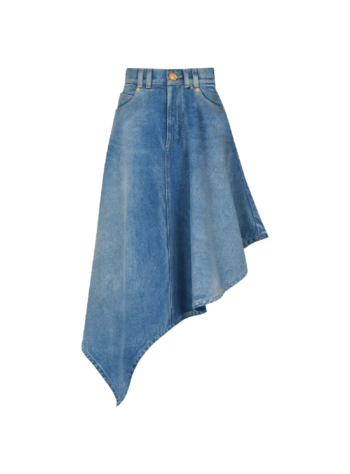 Balmain Pleated Asymmetric Denim Skirt Blue Women Denim