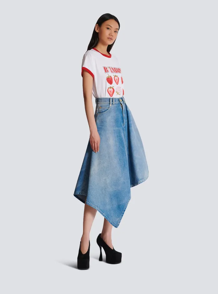 Balmain Pleated Asymmetric Denim Skirt Blue Women Denim