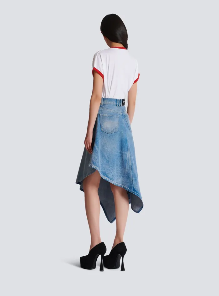 Balmain Pleated Asymmetric Denim Skirt Blue Women Denim