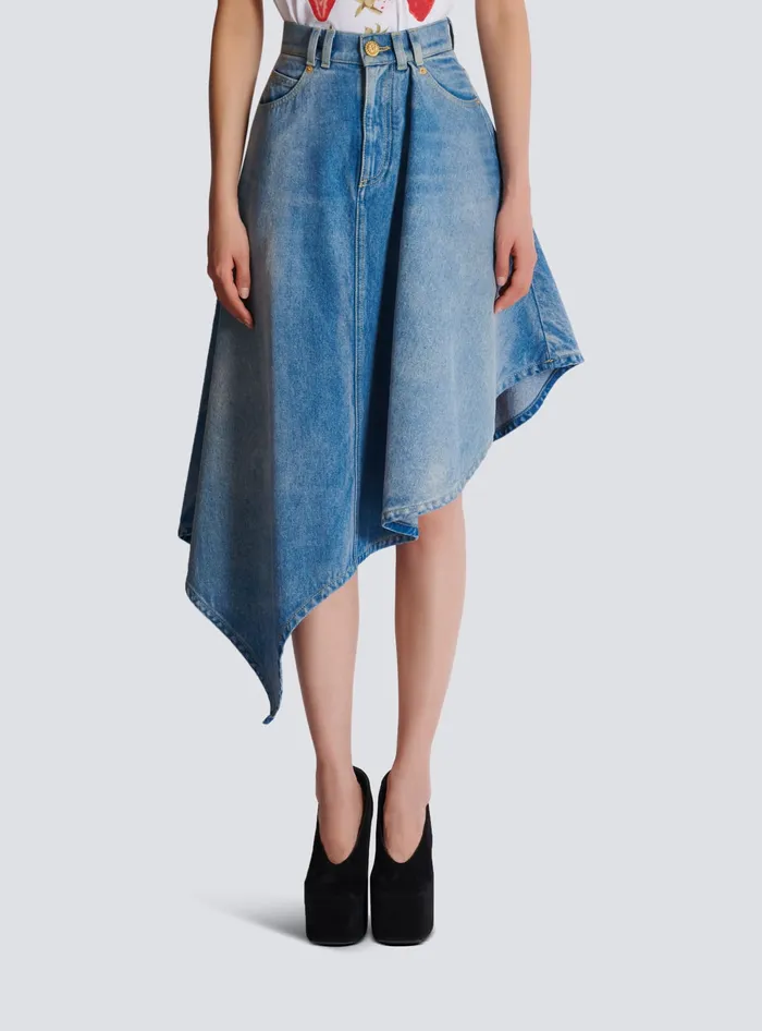 Balmain Pleated Asymmetric Denim Skirt Blue Women Denim
