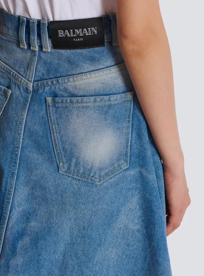 Balmain Pleated Asymmetric Denim Skirt Blue Women Denim
