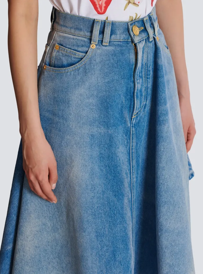 Balmain Pleated Asymmetric Denim Skirt Blue Women Denim