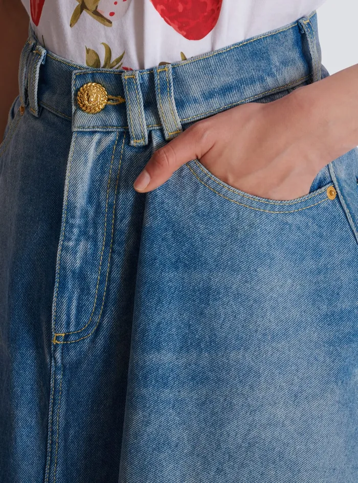 Balmain Pleated Asymmetric Denim Skirt Blue Women Denim