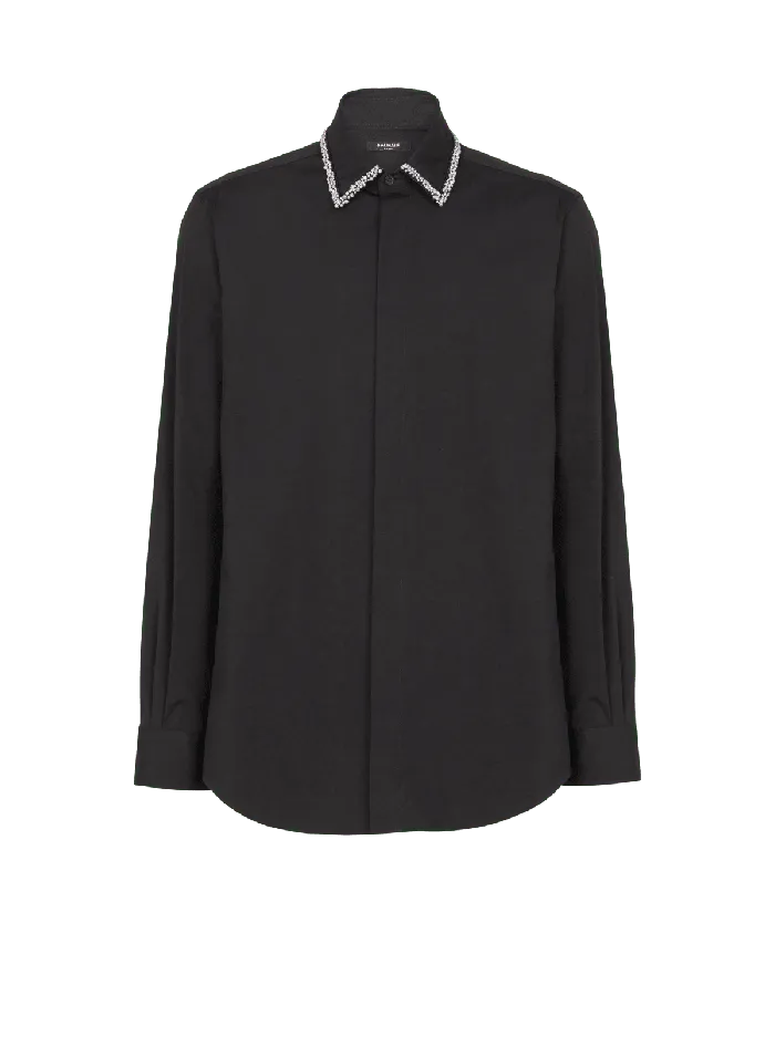 Balmain Poplin Shirt With Embroidered Collar Black Men Shirts And Polos
