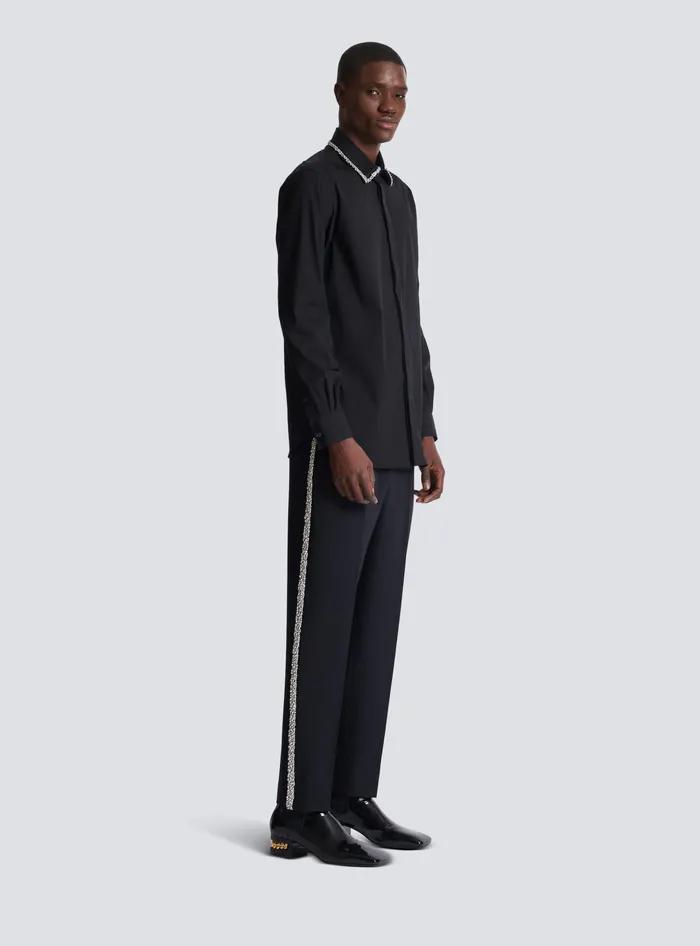 Balmain Poplin Shirt With Embroidered Collar Black Men Shirts And Polos