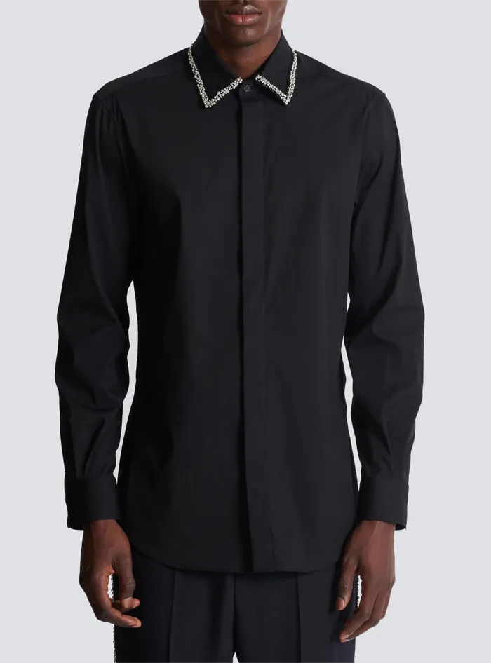 Balmain Poplin Shirt With Embroidered Collar Black Men Shirts And Polos