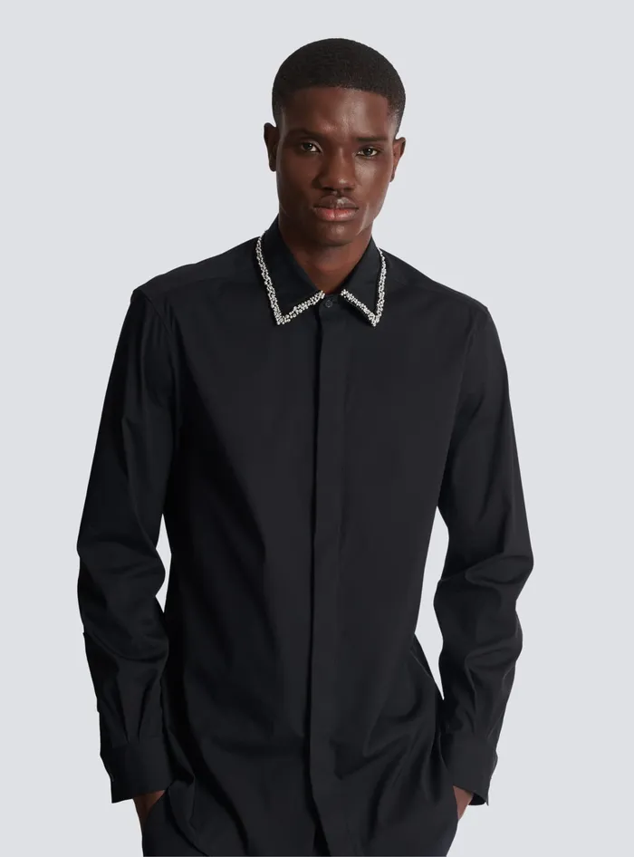 Balmain Poplin Shirt With Embroidered Collar Black Men Shirts And Polos