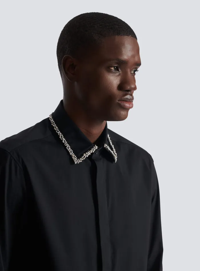 Balmain Poplin Shirt With Embroidered Collar Black Men Shirts And Polos