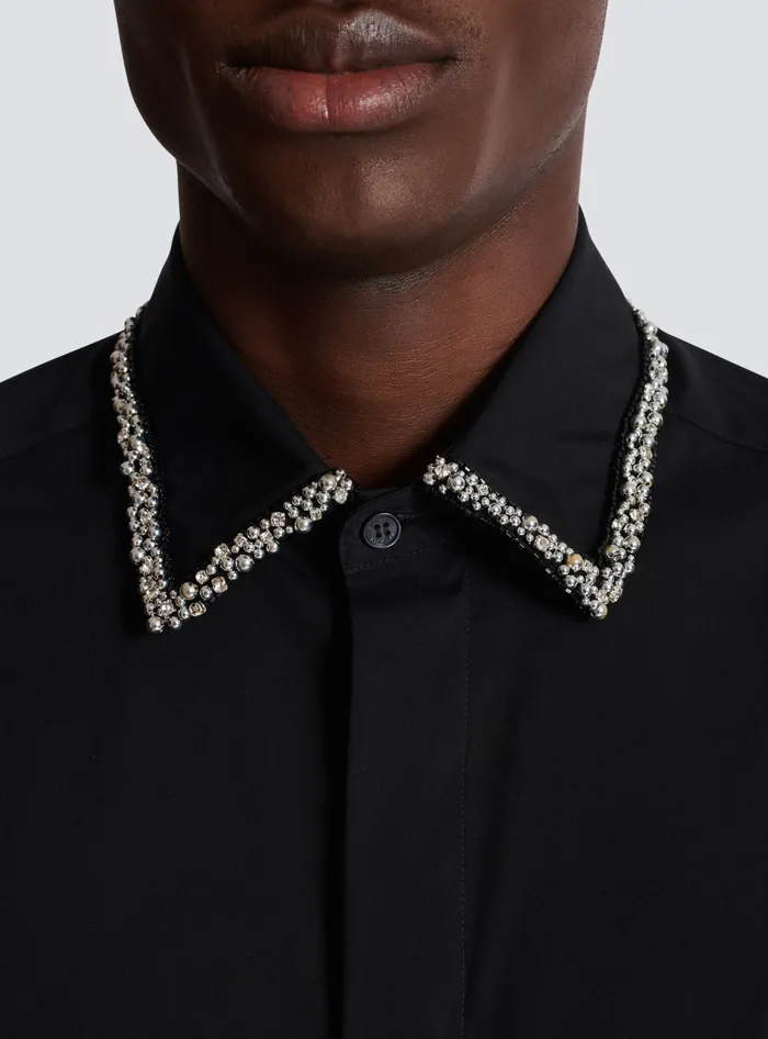 Balmain Poplin Shirt With Embroidered Collar Black Men Shirts And Polos