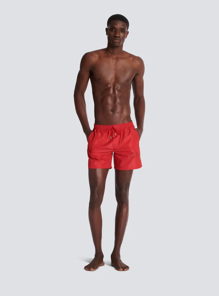 Balmain Printed Paris Swim Shorts Red Men Swimwear