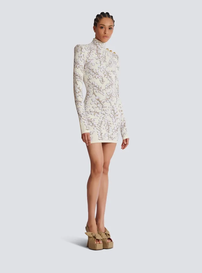 Balmain Redcurrant Jacquard Knit Short Dress White Women Dresses