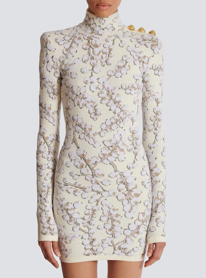 Balmain Redcurrant Jacquard Knit Short Dress White Women Dresses