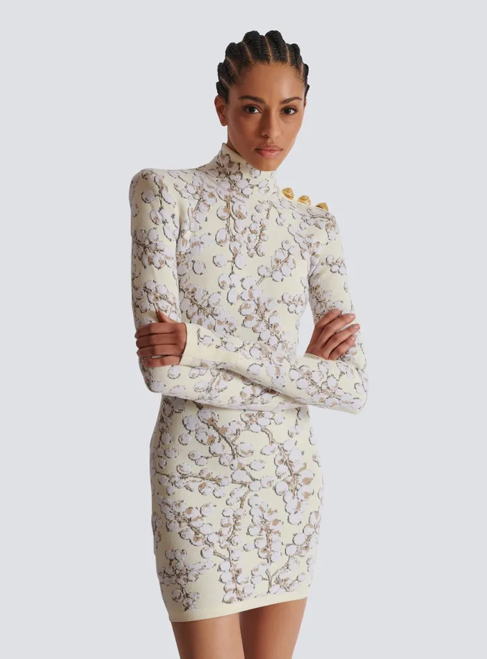 Balmain Redcurrant Jacquard Knit Short Dress White Women Dresses
