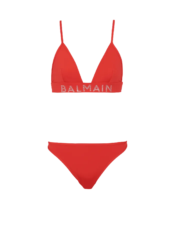Balmain Rhinestoned Triangle Bikini Red Women Swimwear