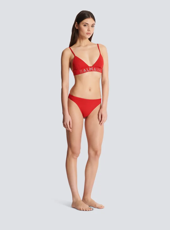 Balmain Rhinestoned Triangle Bikini Red Women Swimwear