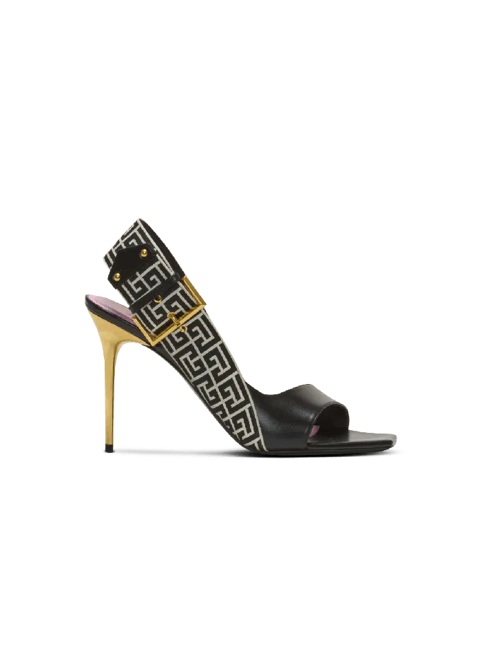 Balmain Ruby Sandals In Calfskin And PB Labyrinth Canvas Black Women High Heels and Pumps Balmain Ruby Sandals In Calfskin And PB Labyrinth Canvas Black Women High Heels and Pumps