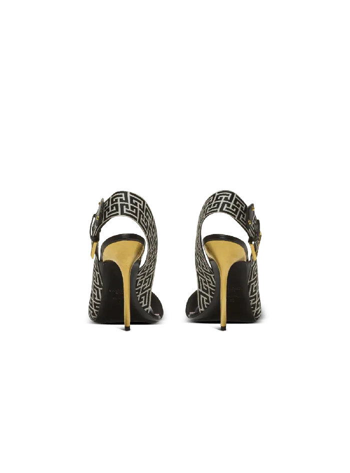Balmain Ruby Sandals In Calfskin And PB Labyrinth Canvas Black Women High Heels and Pumps