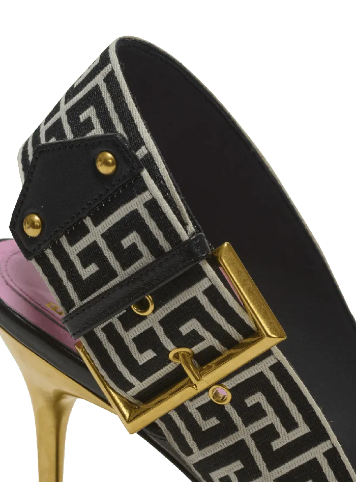 Balmain Ruby Sandals In Calfskin And PB Labyrinth Canvas Black Women High Heels and Pumps